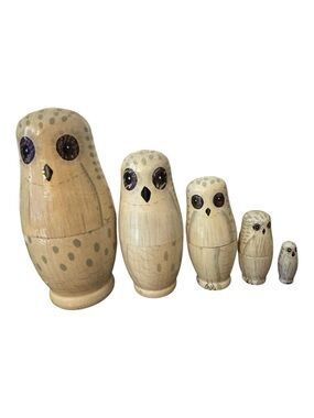 Vintage Handpainted Snow Owl Matryoshka Nesting Dolls 5pc 6” to 1.5”